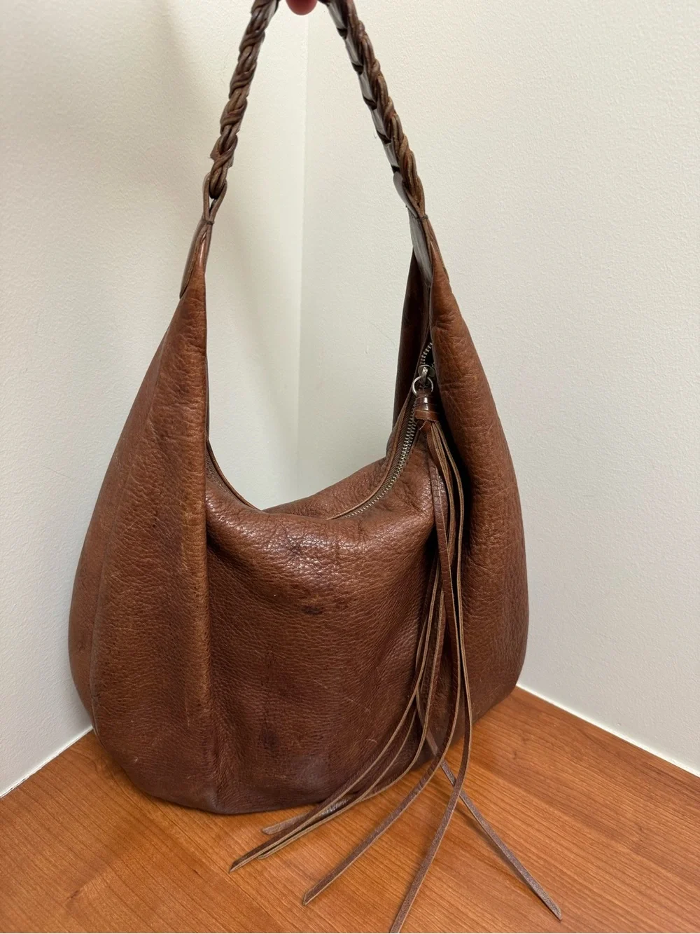Banana Republic Vintage Brown Pebbled Leather Hobo Bag Braided Strap Tassel
